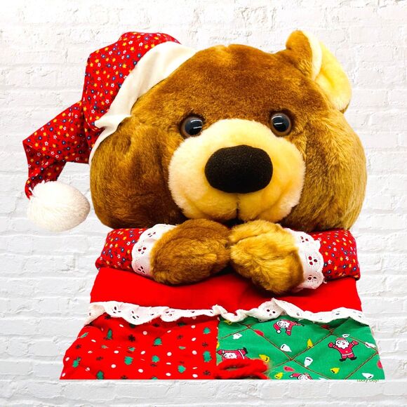 Vintage 1980s Christmas Stocking 21" Smithy Brown Teddy Bear Plush Quilted - Picture 10 of 14